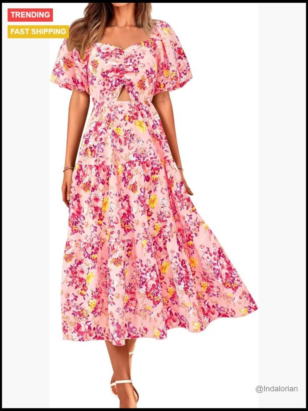 Women Short Sleeve Puff Sleeve Square Neck Floral Maxi Dress Smocked Cutout
